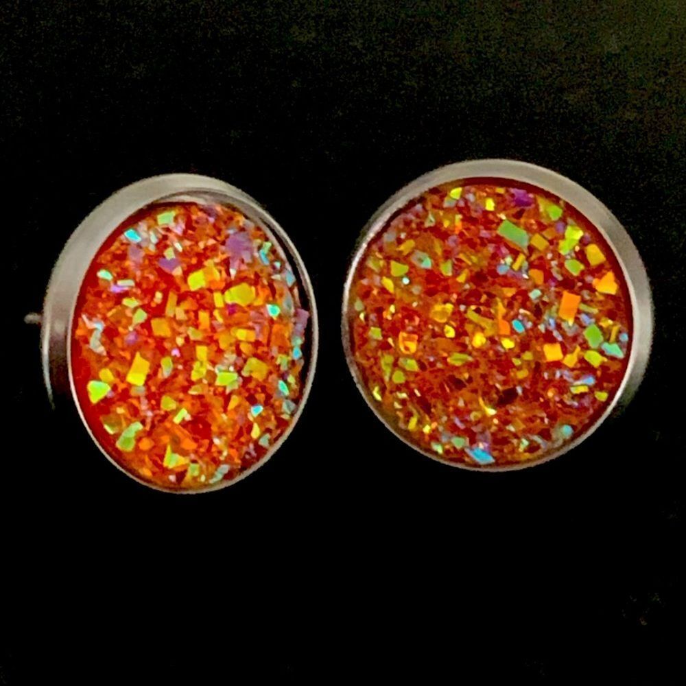 Men’s Burnt Orange Prism Crystal Stud Earrings Silver Tone